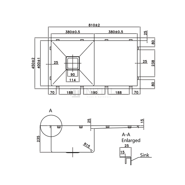 Square Hand Made Stainless Steel Kitchen Sink with Drainboard 810X450X235 ,