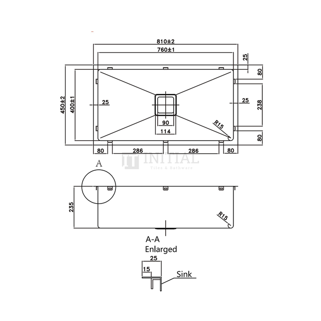 Square Hand Made Stainless Steel Kitchen Sink 810X450X235 ,