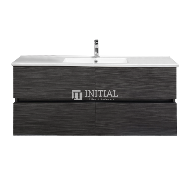 Style Wood Grain PVC Wall Hung Vanity Single Bowl Walnut 1190W X 560H X 455D , With Ceramic Top