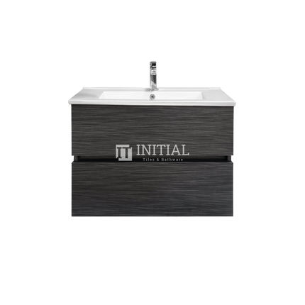 Style Series Wood Grain PVC Wall Hung Vanity With 2 Soft Closing Drawers Walnut 590W X 560H X 455D , With Ceramic Top