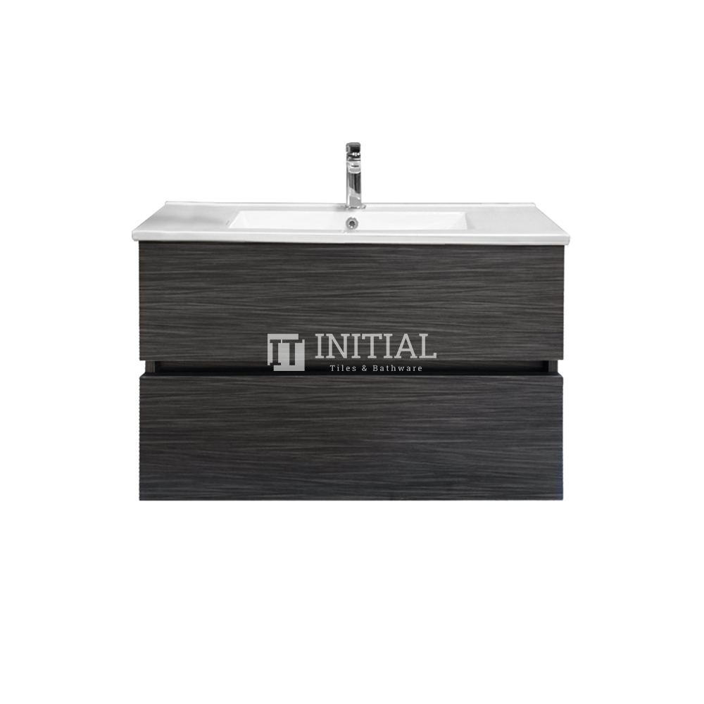 Style Series Wood Grain PVC Wall Hung Vanity With 2 Soft Closing Drawers Walnut 740W X 560H X 455D , With Ceramic Top