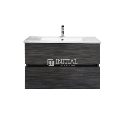 Style Series Wood Grain PVC Wall Hung Vanity With 2 Soft Closing Drawers Walnut 740W X 560H X 455D , With Ceramic Top