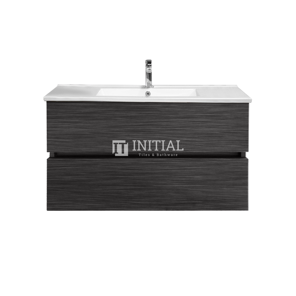 Style Wood Grain PVC Wall Hung Vanity With 2 Soft Closing Drawers Walnut 890W X 560H X 455D , With Ceramic Top