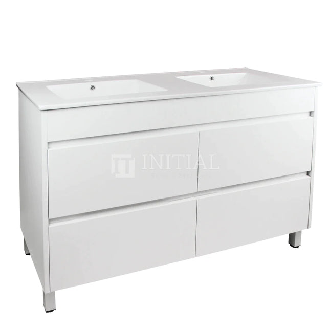 Qubix PVC Filmed Freestanding Floor Vanity With 4 Drawers Double Bowls Matt White 1490W X 850H X 455D ,