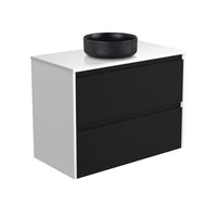 Fienza Amato Satin Black 900 Wall Hung Cabinet, 2 Solid Drawers, Bevelled Edge , With Stone Top - Crystal Pure + Basin Satin White Panels