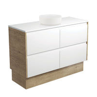 Fienza Amato Satin White 1200 Cabinet on Kickboard, Solid Panels, Bevelled Edge , With Stone Top - Crystal Pure + Basin Scandi Oak Panels