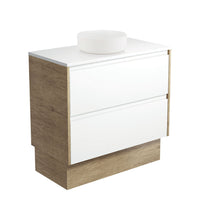 Fienza Amato Satin White 900 Cabinet on Kickboard, Solid Panels, Bevelled Edge , With Stone Top - Crystal Pure + Basin Scandi Oak Panels