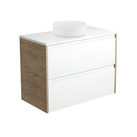 Fienza Amato Satin White 900 Wall Hung Cabinet, 2 Solid Drawers, Bevelled Edge , With Stone Top - Crystal Pure + Basin Scandi Oak Panels
