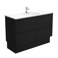 Fienza Amato Satin Black 1200 Cabinet on Kickboard, Solid Panels, Bevelled Edge , With Moulded Basin-Top - Rotondo Ceramic Satin Black Panels