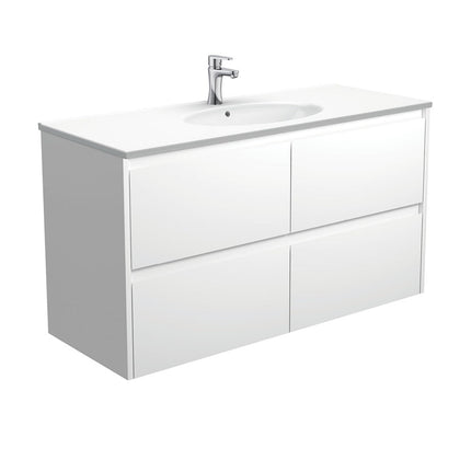 Fienza Amato Satin White 1200 Wall Hung Cabinet, Solid Drawers, Bevelled Edge , With Moulded Basin-Top - Rotondo Ceramic Satin White Panels
