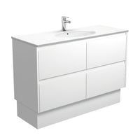 Fienza Amato Satin White 1200 Cabinet on Kickboard, Solid Panels, Bevelled Edge , With Moulded Basin-Top - Rotondo Ceramic Satin White Panels