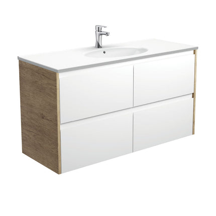 Fienza Amato Satin White 1200 Wall Hung Cabinet, Solid Drawers, Bevelled Edge , With Moulded Basin-Top - Rotondo Ceramic Scandi Oak Panels