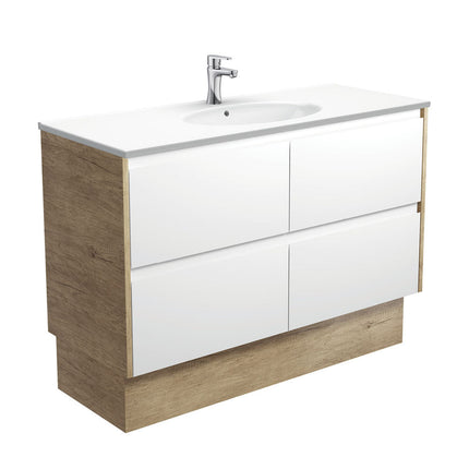 Fienza Amato Satin White 1200 Cabinet on Kickboard, Solid Panels, Bevelled Edge , With Moulded Basin-Top - Rotondo Ceramic Scandi Oak Panels