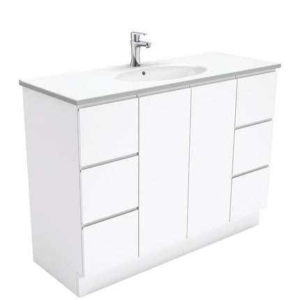 Fienza Fingerpull Gloss White 1200 Cabinet on Kickboard, Solid Doors , With Moulded Basin-Top - Rotondo Ceramic