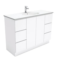 Fienza Fingerpull Gloss White 1200 Cabinet on Kickboard, Solid Doors , With Moulded Basin-Top - Rotondo Ceramic