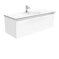 Fienza Manu Gloss White 1200 Wall Hung Cabinet, 1 Solid Drawer, 4 Internal Drawers , With Moulded Basin-Top - Rotondo Ceramic