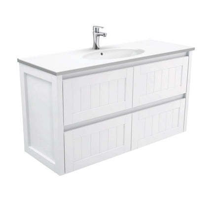 Fienza Hampton Satin White 1200 Wall Hung Cabinet, 4 Internal Drawers , With Moulded Basin-Top - Rotondo Ceramic