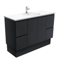 Fienza Fingerpull Satin Black 1200 Cabinet on Kickboard, Solid Doors , With Moulded Basin-Top - Rotondo Ceramic