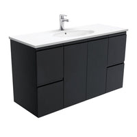 Fienza Fingerpull Satin Black 1200 Wall Hung Cabinet, Solid Doors , With Moulded Basin-Top - Rotondo Ceramic