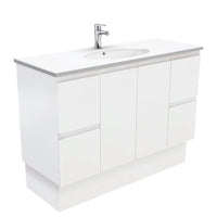 Fienza Fingerpull Satin White 1200 Cabinet on Kickboard, Solid Doors , With Moulded Basin-Top - Rotondo Ceramic