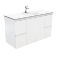 Fienza Figerpull Satin White 1200 Wall Hung Cabinet, Solid Doors , With Moulded Basin-Top - Rotondo Ceramic