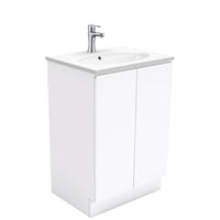 Fienza Fingerpull Gloss White 600 Cabinet on Kickboard, Solid Doors , With Moulded Basin-Top - Rotondo Ceramic