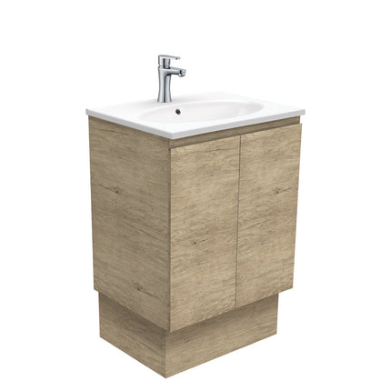 Fienza Edge Scandi Oak 600 Cabinet on Kickboard, Solid Doors, Bevelled Edge , With Moulded Basin-Top - Rotondo Ceramic