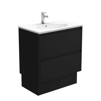 Fienza Amato Satin Black 750 Cabinet on Kickboard, Solid Panels, Bevelled Edge , With Moulded Basin-Top - Rotondo Ceramic Satin Black Panels