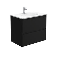 Fienza Amato Satin Black 750 Wall Hung Cabinet, Solid Panels, Bevelled Edge , With Moulded Basin-Top - Rotondo Ceramic Satin Black Panels