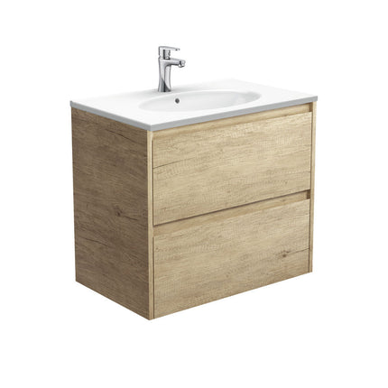 Fienza Amato Scandi Oak 750 Wall Hung Cabinet, Solid Panels, Bevelled Edge , With Moulded Basin-Top - Rotondo Ceramic Scandi Oak Panels