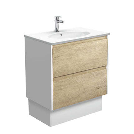 Fienza Amato Scandi Oak 750 Cabinet on Kickboard, Solid Panels, Bevelled Edge , With Moulded Basin-Top - Rotondo Ceramic Satin White Panels