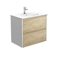 Fienza Amato Scandi Oak 750 Wall Hung Cabinet, Solid Panels, Bevelled Edge , With Moulded Basin-Top - Rotondo Ceramic Satin White Panels