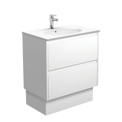 Fienza Amato Satin White 750 Cabinet on Kickboard, Solid Panels, Bevelled Edge , With Moulded Basin-Top - Rotondo Ceramic Satin White Panels