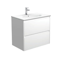 Fienza Amato Satin White 750 Wall Hung Cabinet, Solid Panels, Bevelled Edge , With Moulded Basin-Top - Rotondo Ceramic Satin White Panels
