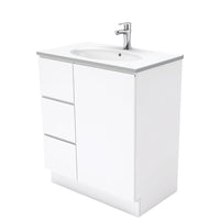 Fienza Fingerpull Gloss White 750 Cabinet on Kickboard, Solid Door , With Moulded Basin-Top - Rotondo Ceramic Left Hand Drawer