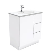 Fienza Fingerpull Gloss White 750 Cabinet on Kickboard, Solid Door , With Moulded Basin-Top - Rotondo Ceramic Right Hand Drawer