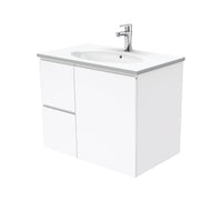 Fienza Fingerpull Gloss White 750 Wall Hung Cabinet, Solid Door , With Moulded Basin-Top - Rotondo Ceramic Left Hand Drawer