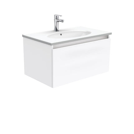 Fienza Manu Gloss White 750 Wall-Hung Cabinet, Solid Drawer , With Moulded Basin-Top - Rotondo Ceramic