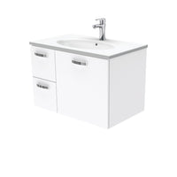 Fienza UniCab Gloss White 750 Wall Hung Cabinet, Solid Door , With Moulded Basin-Top - Rotondo Ceramic Left Hand Drawer