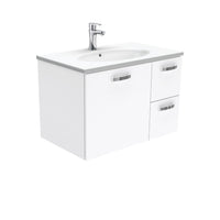 Fienza UniCab Gloss White 750 Wall Hung Cabinet, Solid Door , With Moulded Basin-Top - Rotondo Ceramic Right Hand Drawer