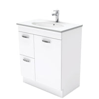 Fienza UniCab Gloss White 750 Cabinet on Kickboard , With Moulded Basin-Top - Rotondo Ceramic Left Hand Drawer