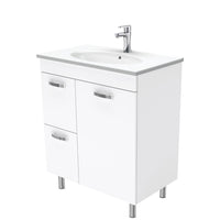 Fienza UniCab 750 Gloss White Cabinet on Legs, Left Hand Drawers, Solid Doors , With Moulded Basin-Top - Rotondo Ceramic