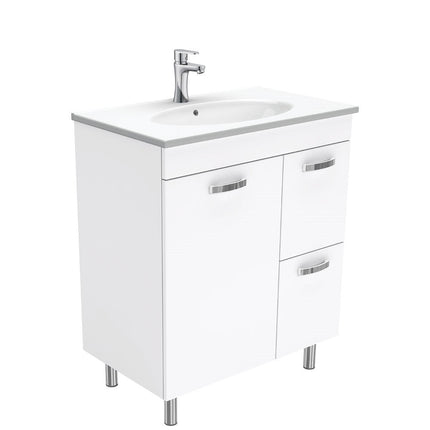 Fienza UniCab 750 Gloss White Cabinet on Legs, Right Hand Drawers, Solid Doors , With Moulded Basin-Top - Rotondo Ceramic