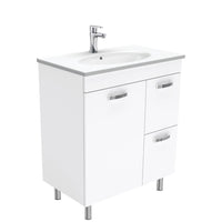 Fienza UniCab 750 Gloss White Cabinet on Legs, Right Hand Drawers, Solid Doors , With Moulded Basin-Top - Rotondo Ceramic