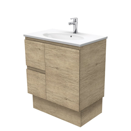Fienza Edge Scandi Oak 750 Cabinet on Kickboard, Bevelled Edge , With Moulded Basin-Top - Rotondo Ceramic Left Hand Drawer