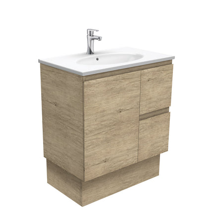 Fienza Edge Scandi Oak 750 Cabinet on Kickboard, Bevelled Edge , With Moulded Basin-Top - Rotondo Ceramic Right Hand Drawer