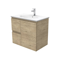 Fienza Edge Scandi Oak 750 Wall Hung Cabinet, Solid Door , With Moulded Basin-Top - Rotondo Ceramic Left Hand Drawer