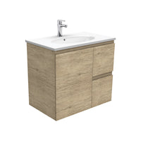 Fienza Edge Scandi Oak 750 Wall Hung Cabinet, Solid Door , With Moulded Basin-Top - Rotondo Ceramic Right Hand Drawer