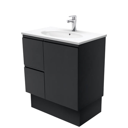 Fienza Fingerpull Satin Black 750 Cabinet on Kickboard , With Moulded Basin-Top - Rotondo Ceramic Left Hand Drawer