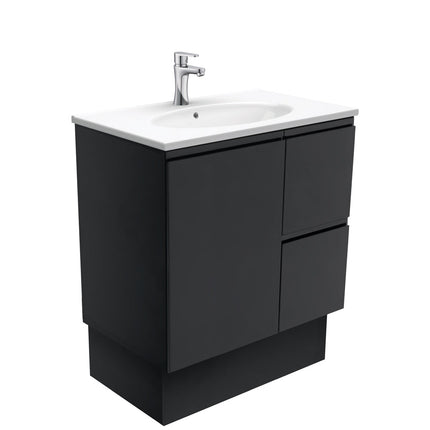 Fienza Fingerpull Satin Black 750 Cabinet on Kickboard , With Moulded Basin-Top - Rotondo Ceramic Right Hand Drawer